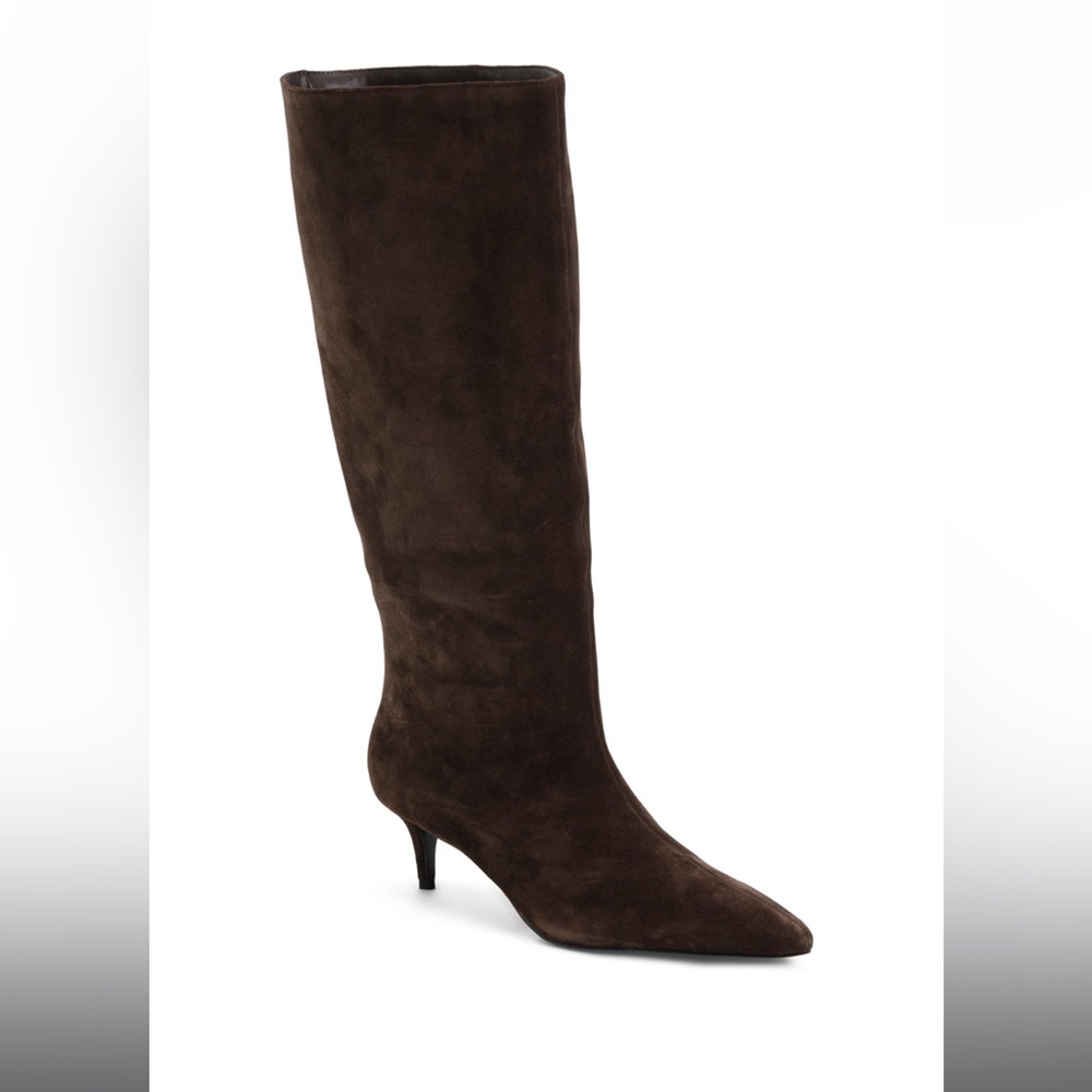 Black Suede Studio: Knee High Kitten Heel Boots in Brown Suede 8.5
